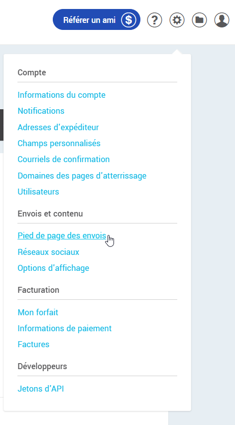 Pied de page des envois (dans les paramètres et configuration)