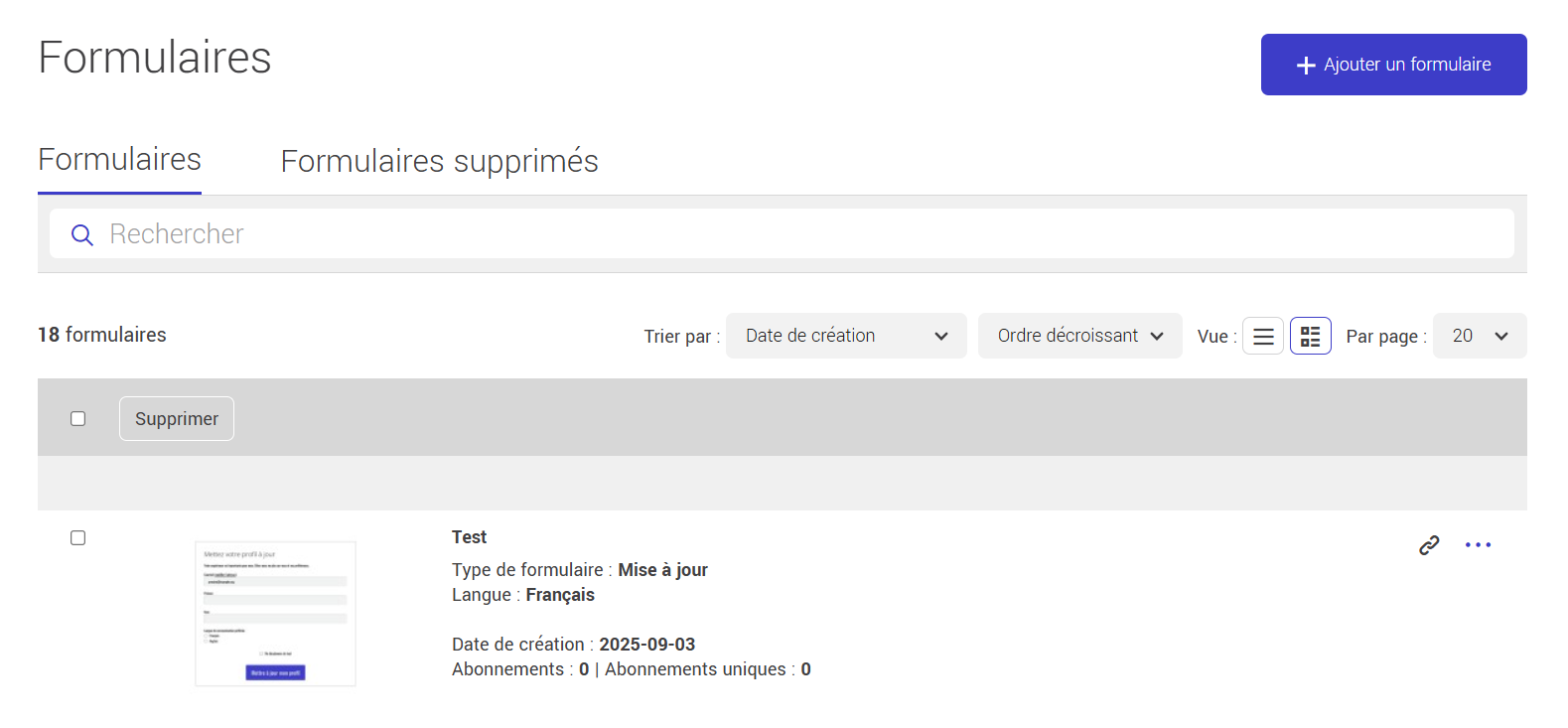 Liste des formulaires