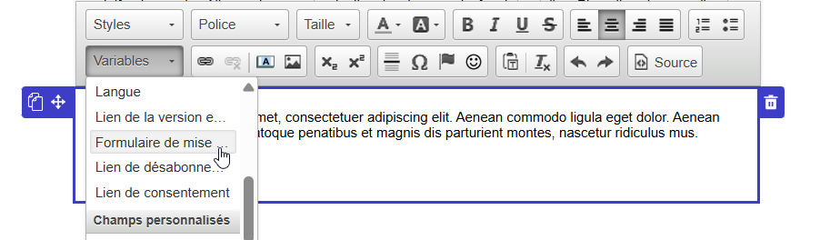 Sélectionner formulaire de mise à jour dans les variables