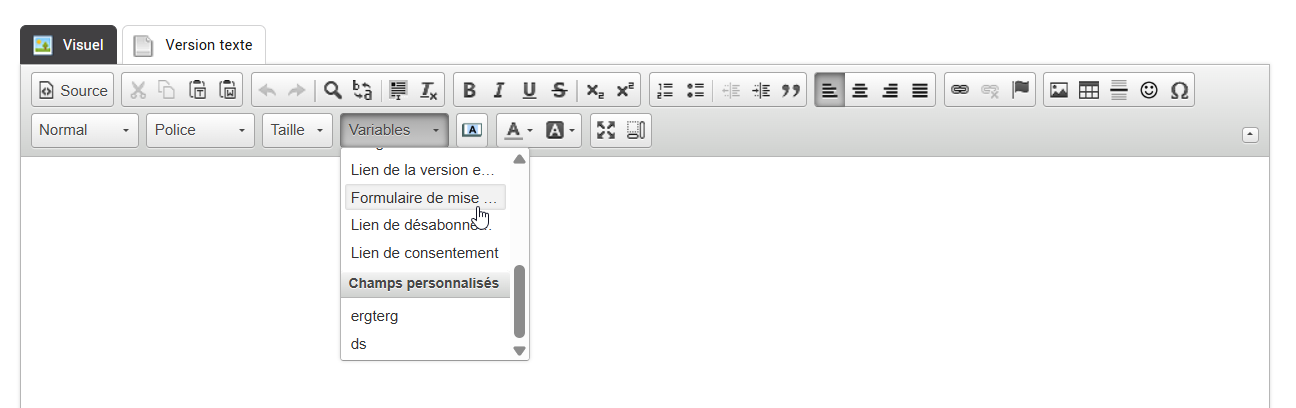 Sélectionner formulaire de mise à jour dans les variables dans l'éditeur HTML