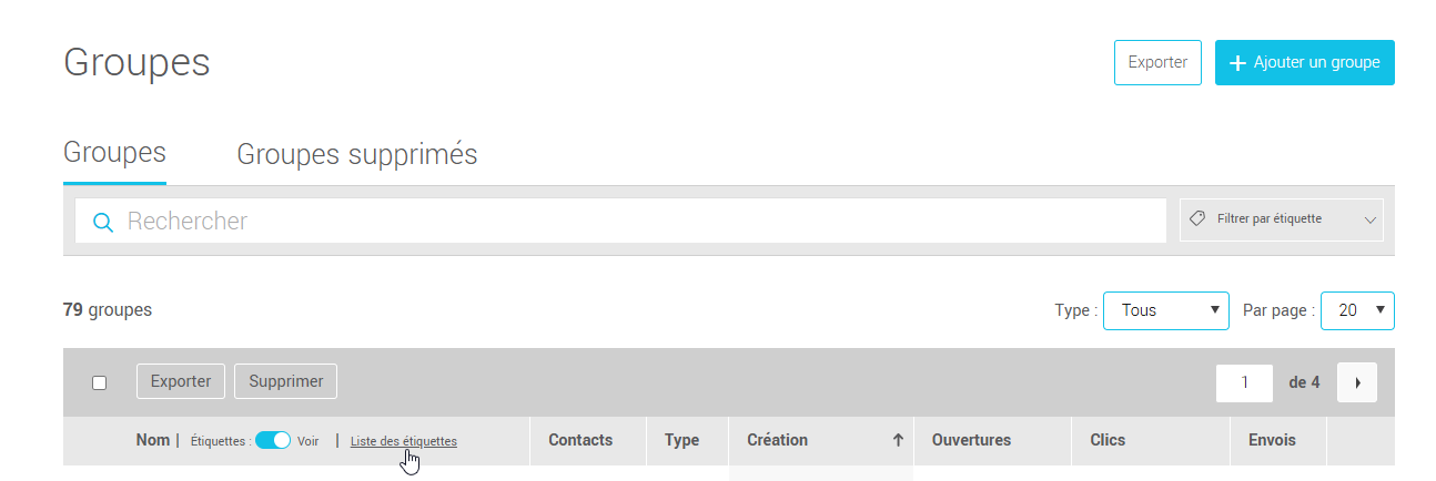 Liste des étiquettes