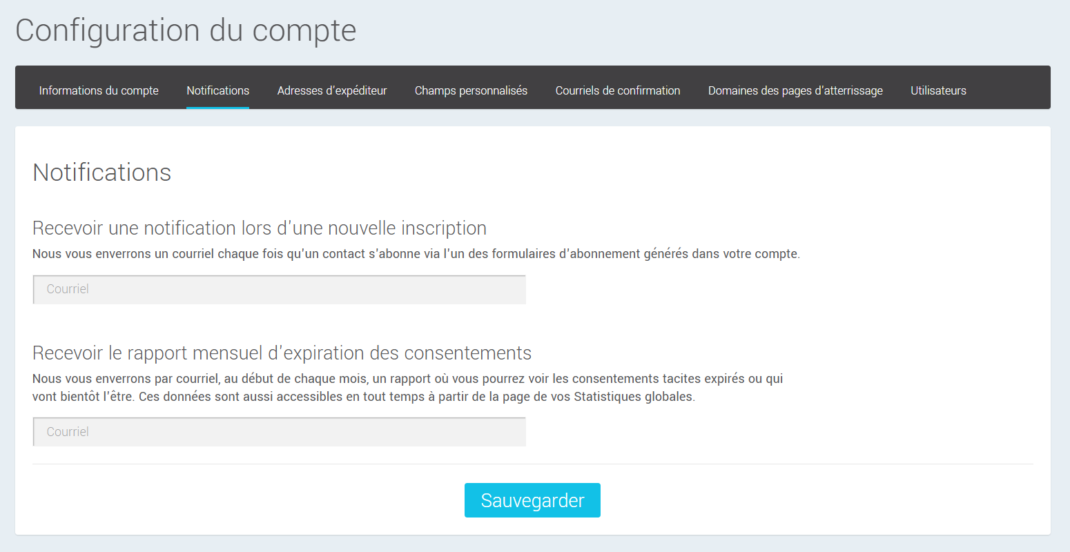 Configuration des notifications au compte